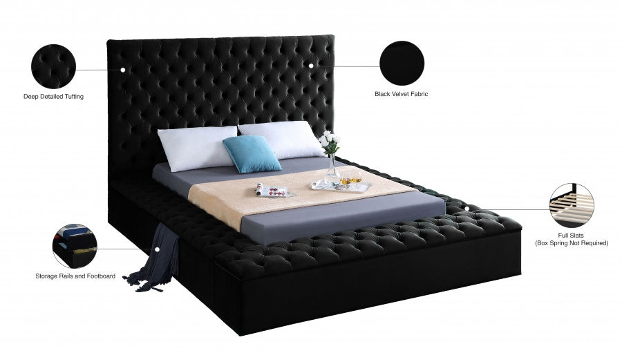Lit Plateforme en Velours Noir - 3 Grands Rangements, Capitonnage Profond, Hauteur de 16 po