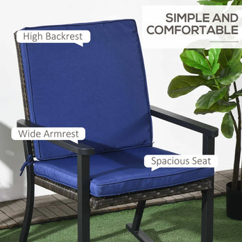 Chaise à bascule en osier pour patio, chaise à bascule d'extérieur en rotin PE avec dossier haut, accoudoir, coussin de siège, bleu