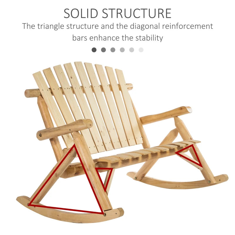 Chaise à bascule Adirondack en bois, chaise à bascule double rustique d'extérieur avec design à lattes pour 2 personnes, convient pour jardin, balcon, porche, bois naturel