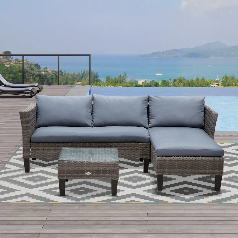 Ensemble de meubles de patio en osier 3 pièces, ensemble de canapé d'extérieur avec plateau en verre, coussins cadre en métal pour balcon, patio, gris