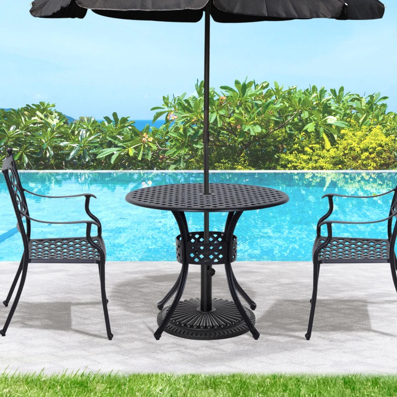 Table de salle à manger ronde de 33 pouces avec trou pour parasol, table de jardin en fonte d'aluminium, table de bistro toutes saisons, pour pelouse, jardin, extérieur, noir