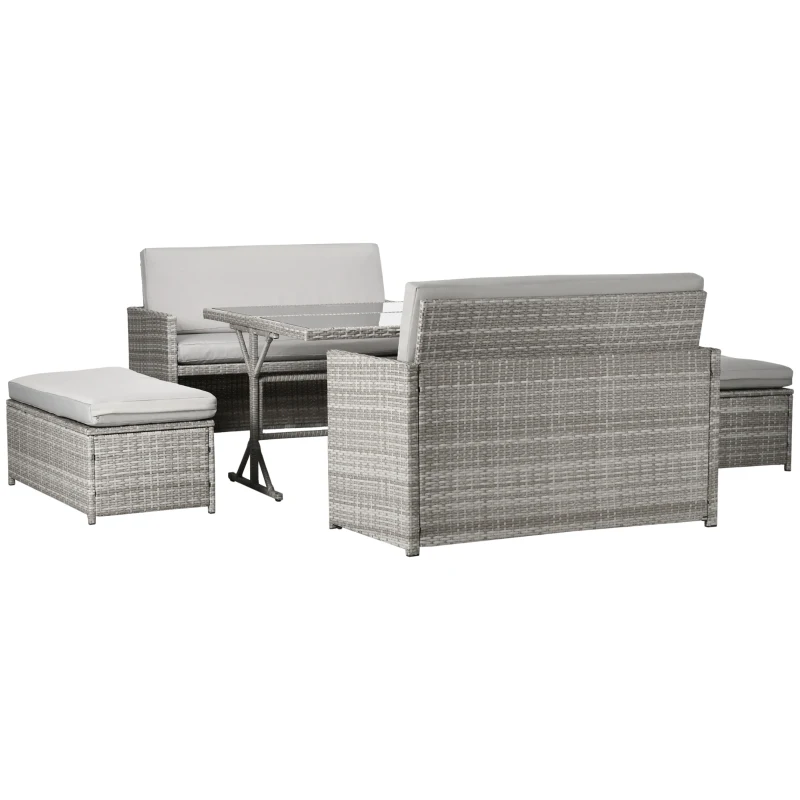 Ensemble de salle à manger de patio en osier 5 pièces, canapé causeuse en rotin, pouf et table de salle à manger, ensemble de meubles d'extérieur 6 places avec plateau en verre et coussins, gris