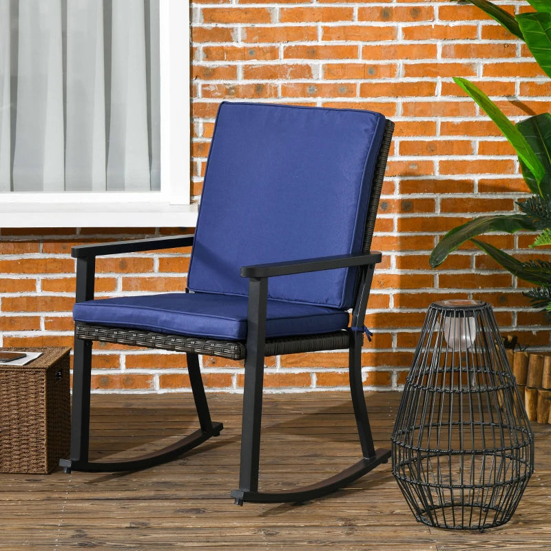 Chaise à bascule en osier pour patio, chaise à bascule d'extérieur en rotin PE avec dossier haut, accoudoir, coussin de siège, bleu