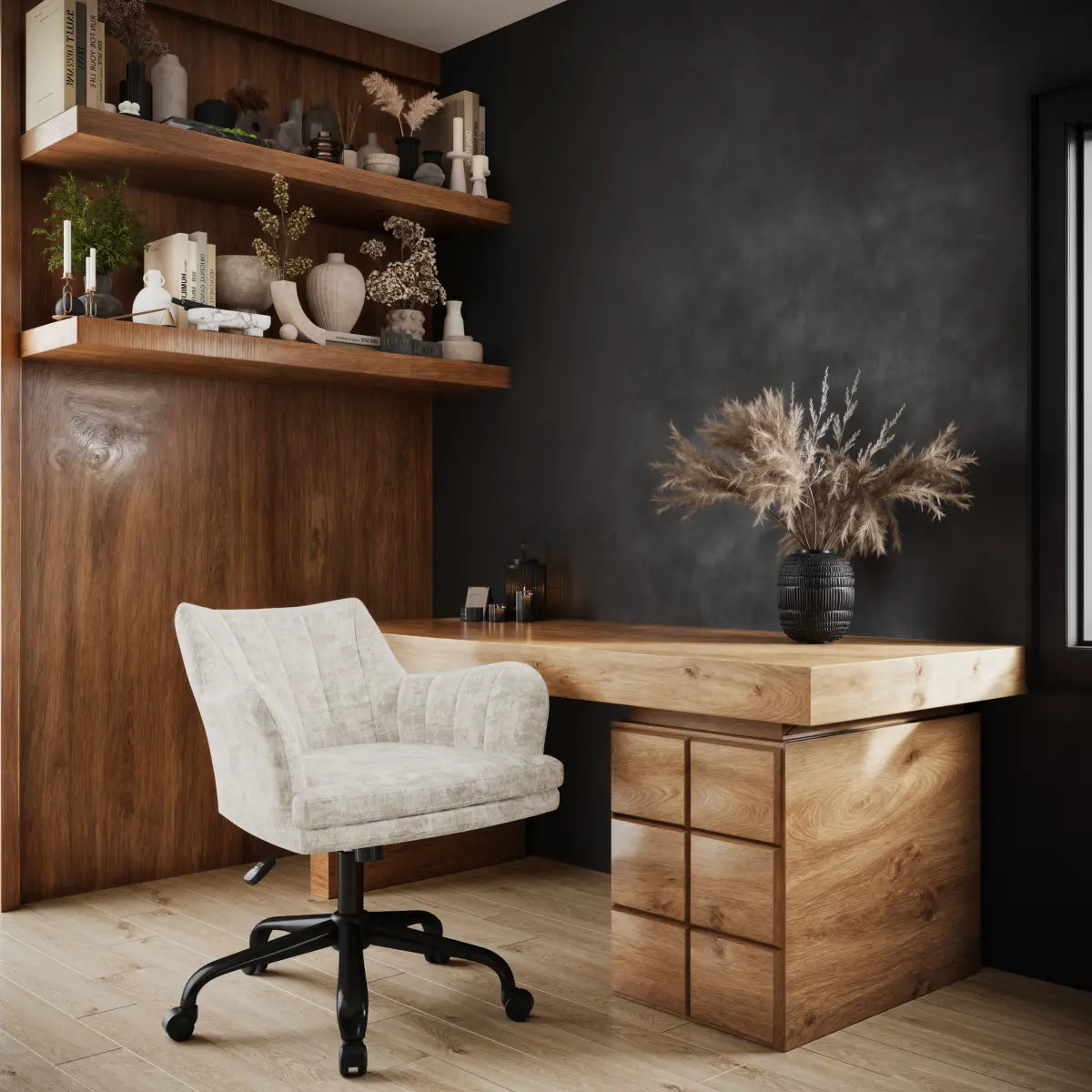 Chaise de travail Francie en tissu beige | Accents capitonnés et pivotant