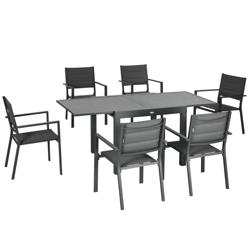 Ensemble de salle à manger de patio 7 pièces pour 6 personnes, table d'extérieur extensible en aluminium, chaise empilable à dossier haut, sièges en tissu maillé, gris foncé