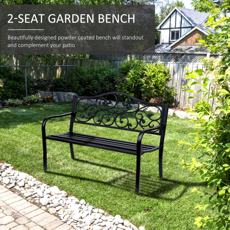 Banc de jardin, causeuse d'extérieur avec motif floral vintage en métal moulé, 50 x 23,6 x 35 po, noir