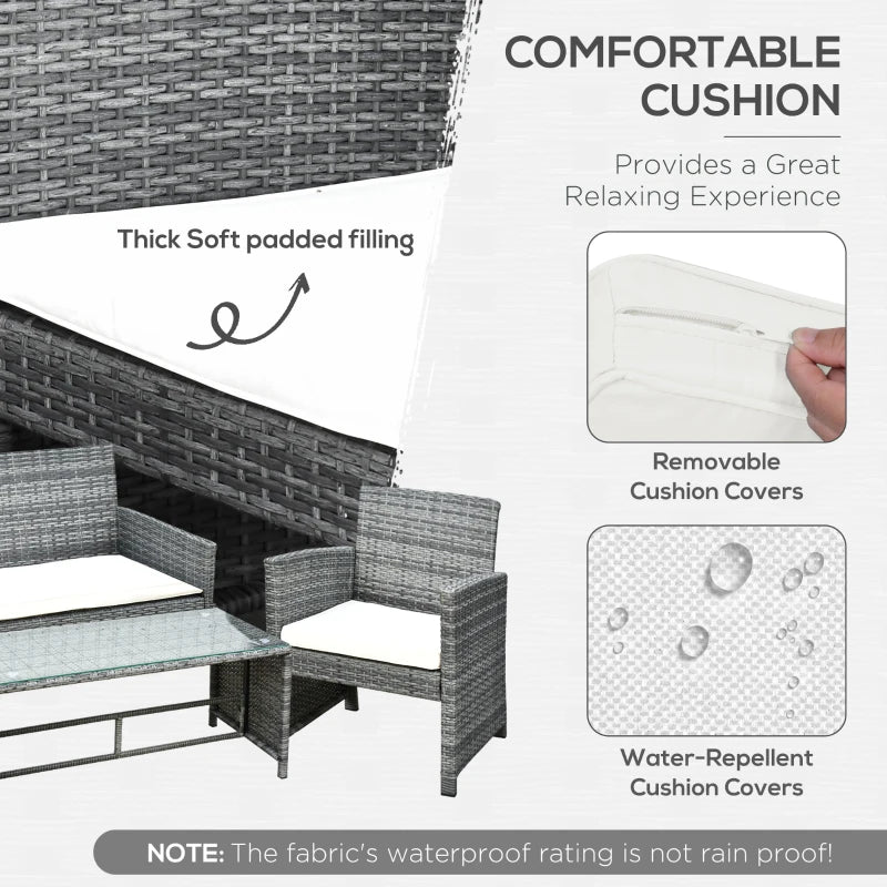 Ensemble de meubles de patio 4 pièces avec coussins, ensemble de canapé de conversation d'extérieur en rotin PE avec table basse et causeuse avec plateau en verre, pour jardin, balcon, blanc crème