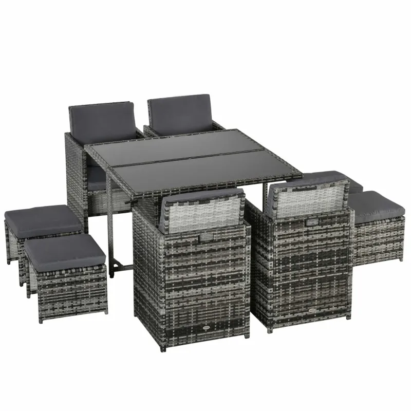 Ensemble de salle à manger de patio en osier 9 pièces, canapé sectionnel de jardin en rotin, fauteuil d'extérieur peu encombrant et ensembles de meubles ottomans avec coussin, gris