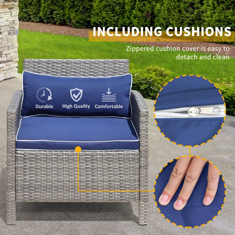 Ensemble de table basse en osier de patio 3 pièces, meubles de conversation de bistro avec coussin pour patio, cour, porche, bleu