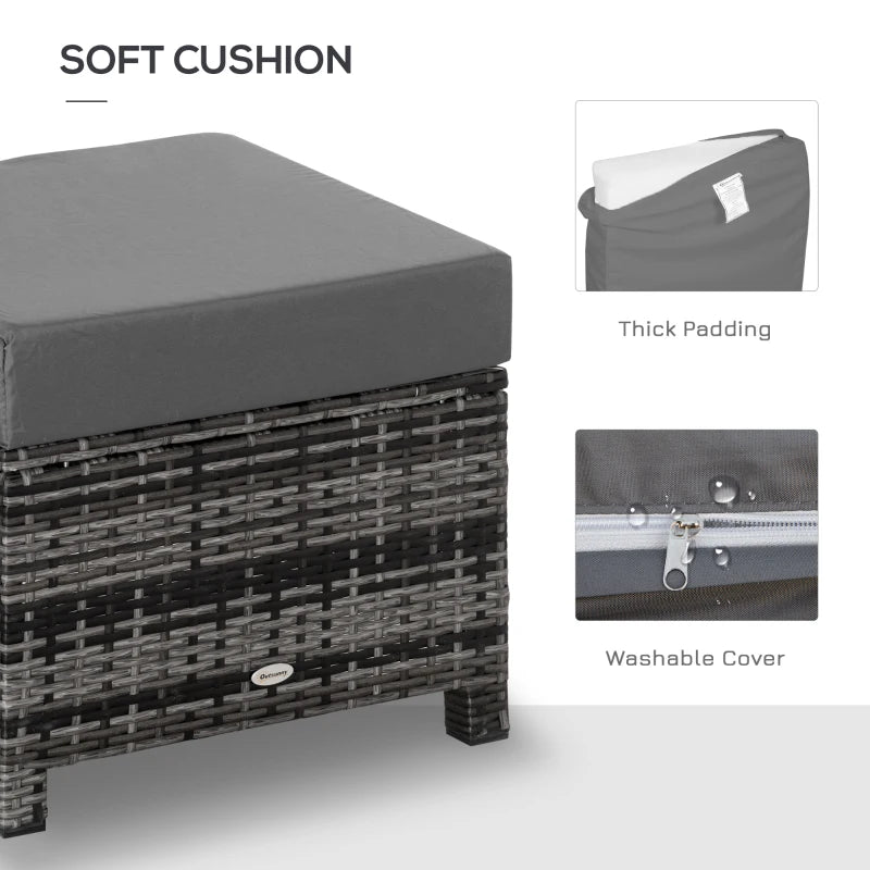 Ottoman de terrasse en rotin, repose-pieds d'extérieur en osier avec coussin doux, cadre en métal pour cour, jardin et bord de piscine, gris