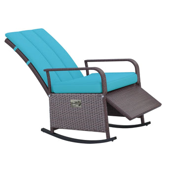 Chaise à bascule d'extérieur en osier, fauteuil inclinable en rotin PE avec coussin, repose-pieds réglable, accoudoirs, Turquoise