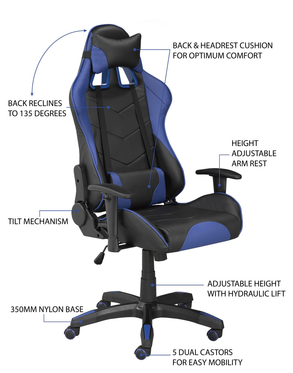 ENSEMBLE BUREAU ET CHAISE GAMING, BLEU/NOIR ( Meuble Mtl )