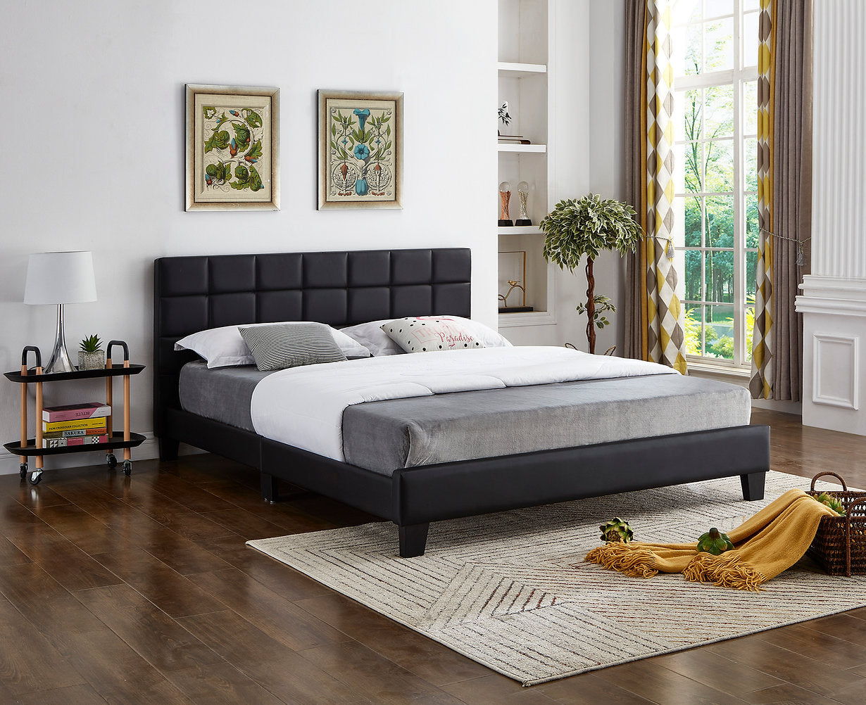 Lit en PU noir avec tête de lit rembourrée  Comprend un support de matelas