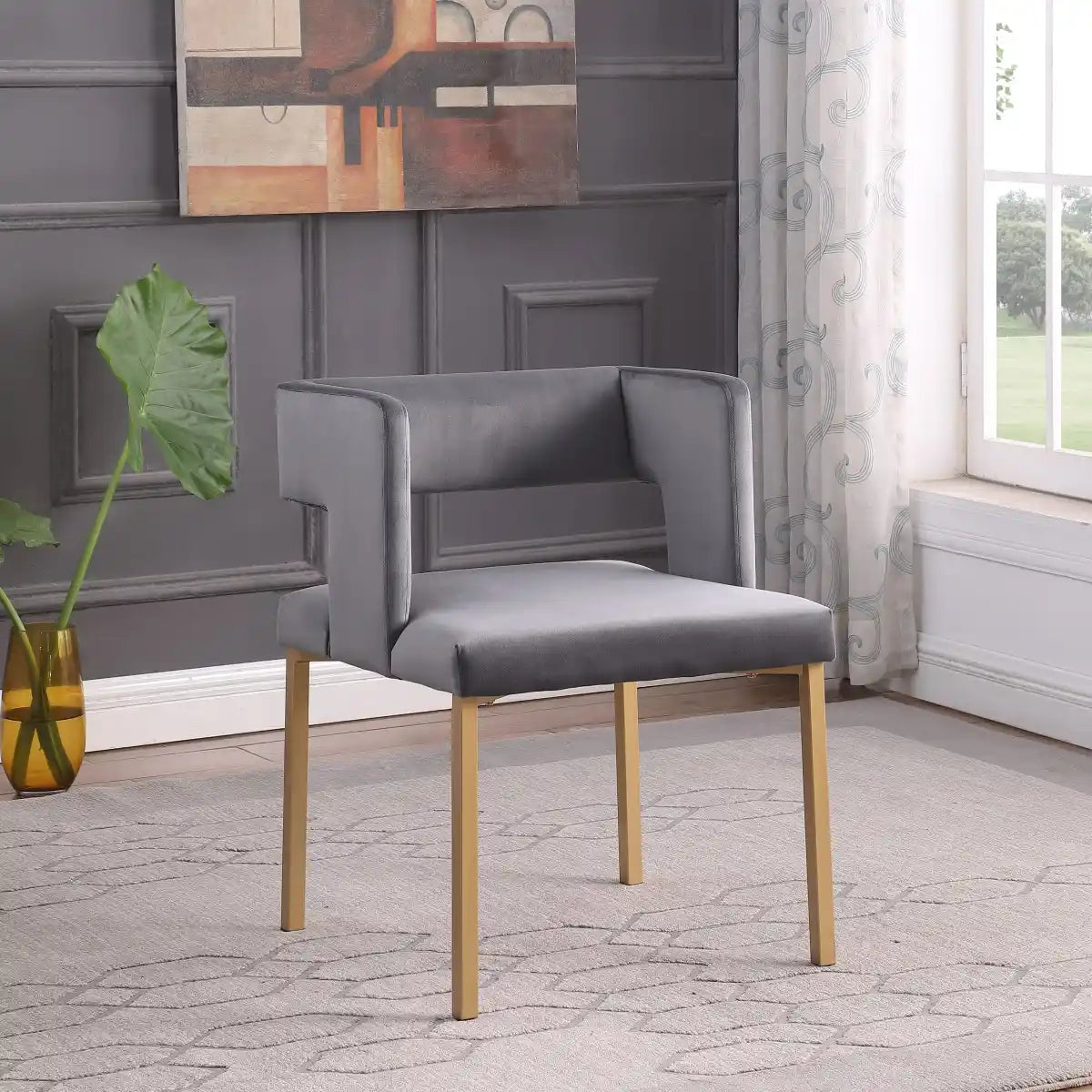 Chaises Anthony en velours gris | Pattes dorées évasées