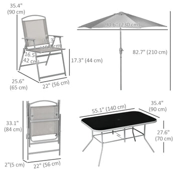 Ensemble de patio 8 pièces avec parasol, 6 chaises pliantes, table rectangulaire, ensemble de salle à manger d'extérieur pour 6 personnes avec siège en maille, gris