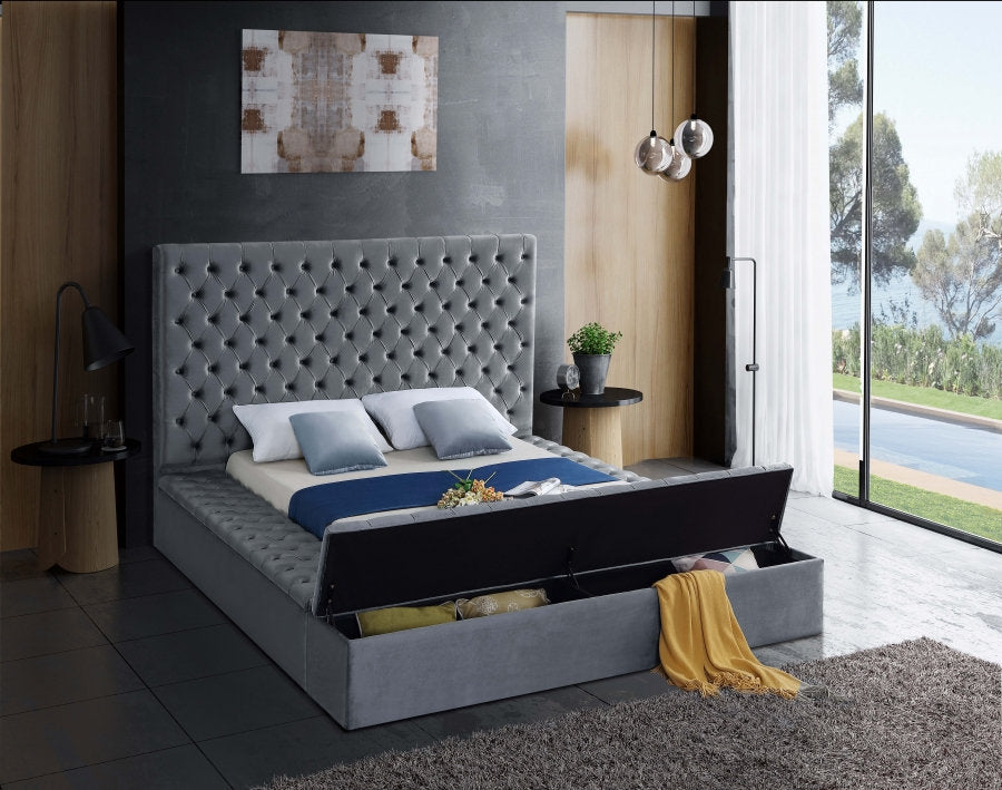Lit Plateforme en Velours Gris - 3 Grands Rangements, Capitonnage Profond, Hauteur de 16 po
