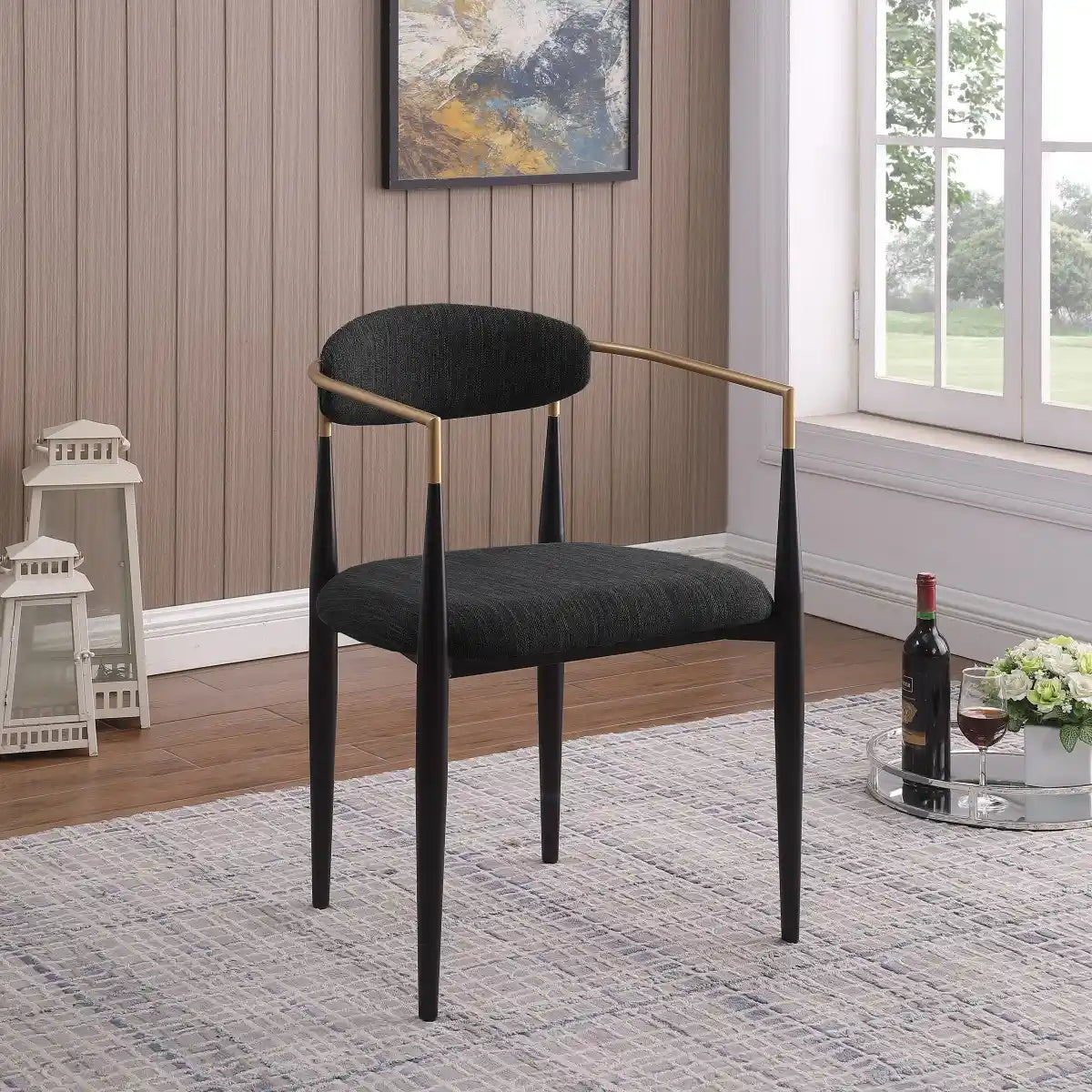 Chaises Mykos en tissu noir | Cadre en métal noir et doré (Duo)