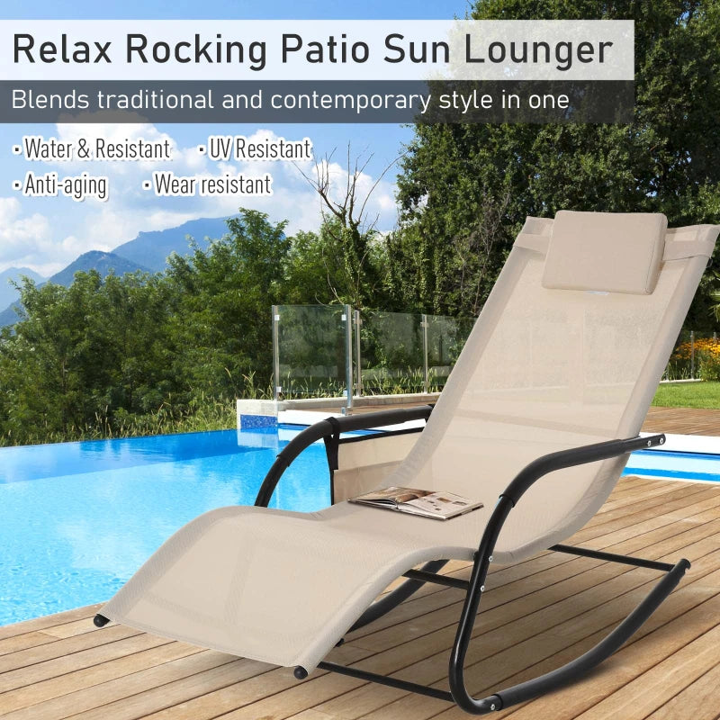 Chaise à bascule de patio avec tissu en maille, chaise longue d'extérieur à bascule avec appui-tête amovible et poche latérale pour jardin, terrasse, pelouse, blanc crème
