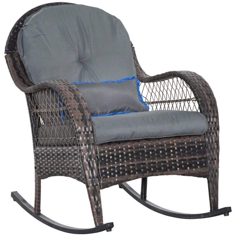 Chaise à bascule d'extérieur avec coussin d'assise et de dossier, chaise de jardin en rotin PE avec accoudoirs incurvés, pour porche, jardin, bord de piscine, gris