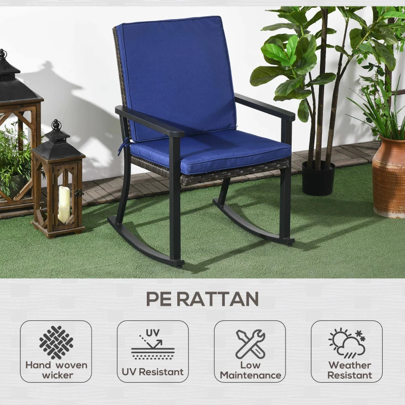 Chaise à bascule en osier pour patio, chaise à bascule d'extérieur en rotin PE avec dossier haut, accoudoir, coussin de siège, bleu