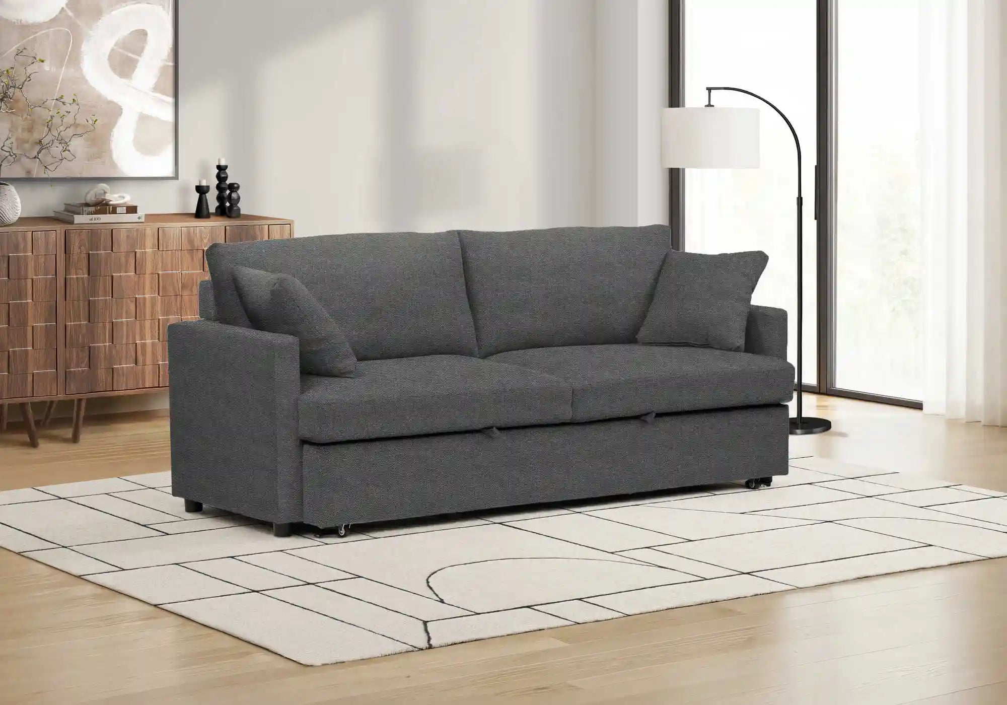 Canapé-Lit Convertible 78" en Tissu Gris Foncé avec Rangement