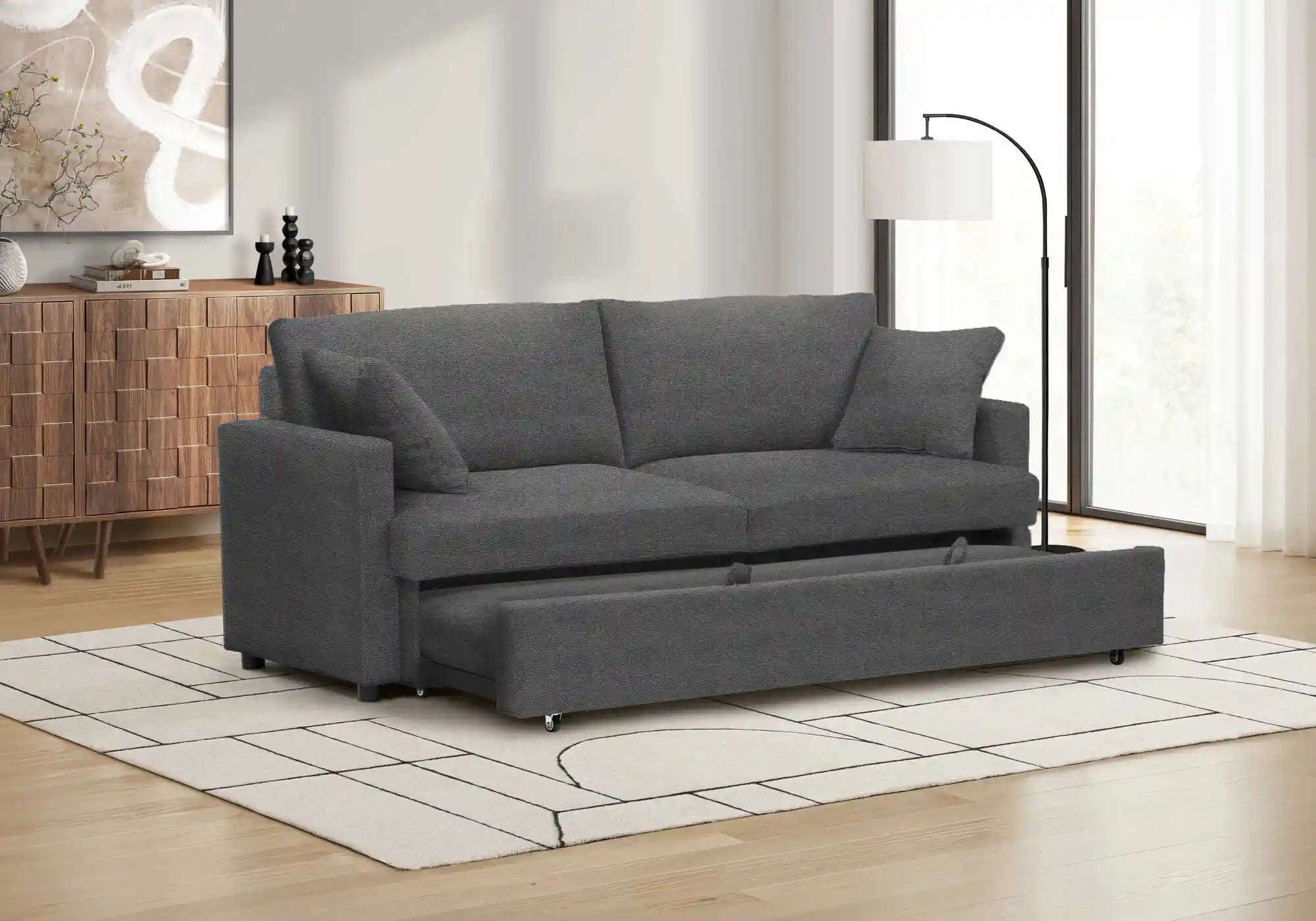 Canapé-Lit Convertible 78" en Tissu Gris Foncé avec Rangement