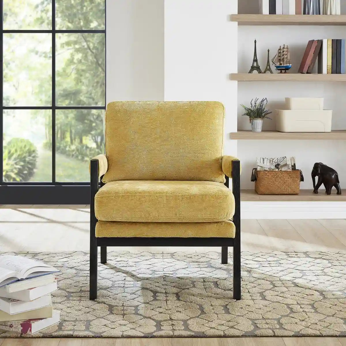 Fauteuil Carlo en Chenille Jaune - Cadre Noir Minuit