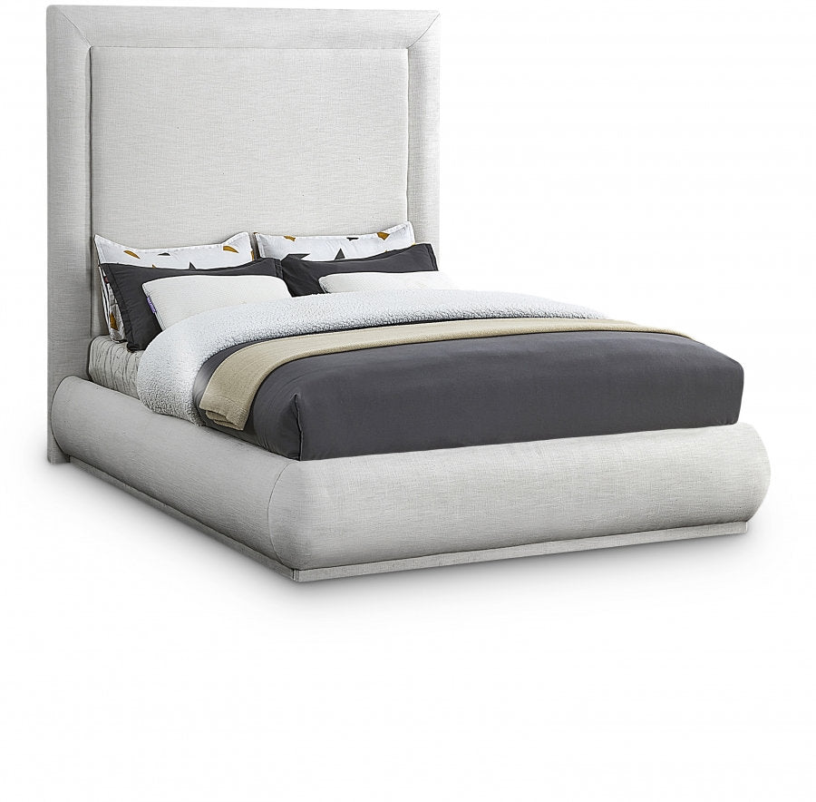 Lit Rembourré Style Moderne du Milieu du Siècle - Tissu Lin Crème, Support de Matelas
