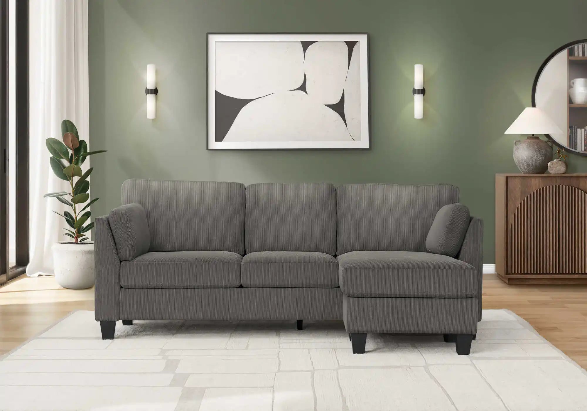 Sofa 3 Places Gris avec Méridienne Réversible 87" Monarch