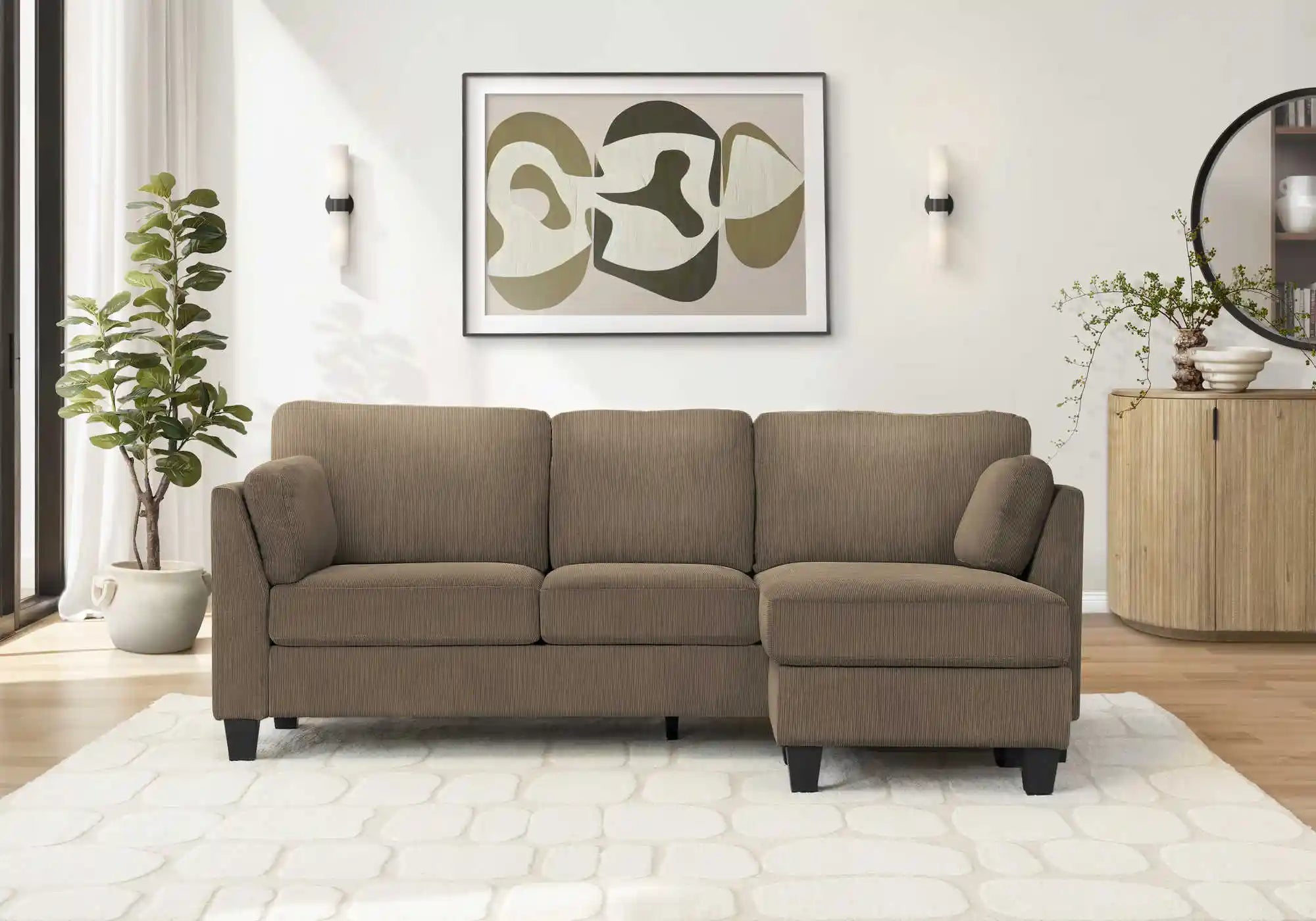 Sofa 3 Places avec Méridienne Réversible 87" Tissu Brun Monarch