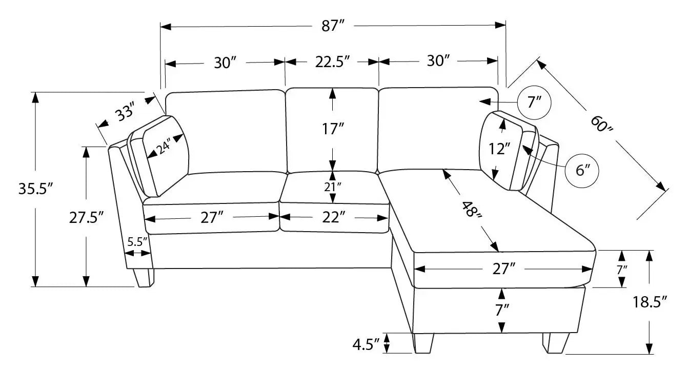 Sofa 3 Places avec Méridienne Réversible 87" Tissu Brun Monarch