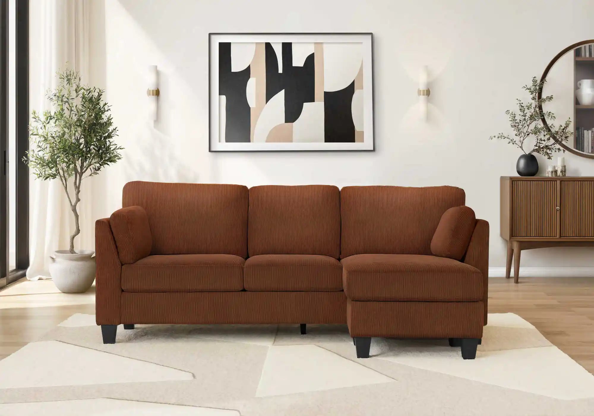 Sofa 3 Places avec Méridienne Réversible 87" Tissu Rouille Monarch