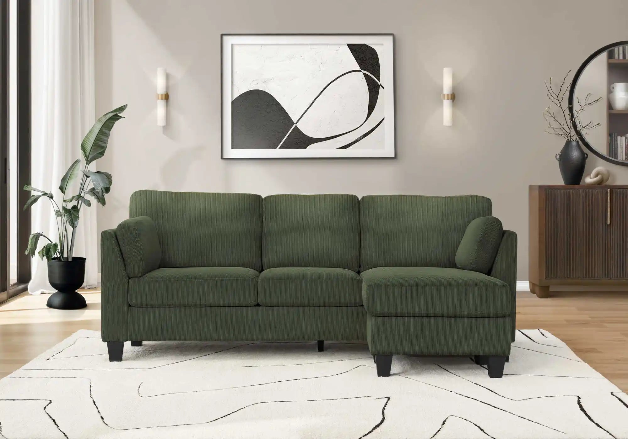 Sofa 3 Places avec Méridienne Réversible 87" Vert Olive Monarch