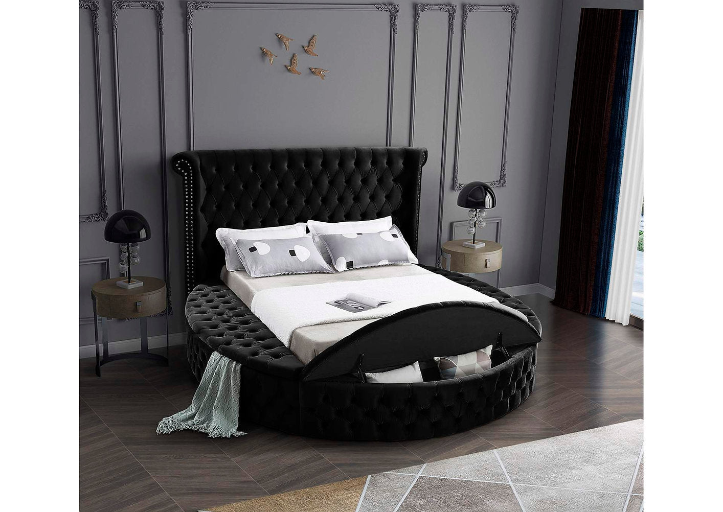 Lit en tissu velours noir avec capitonnage profond et 3 bancs de rangement