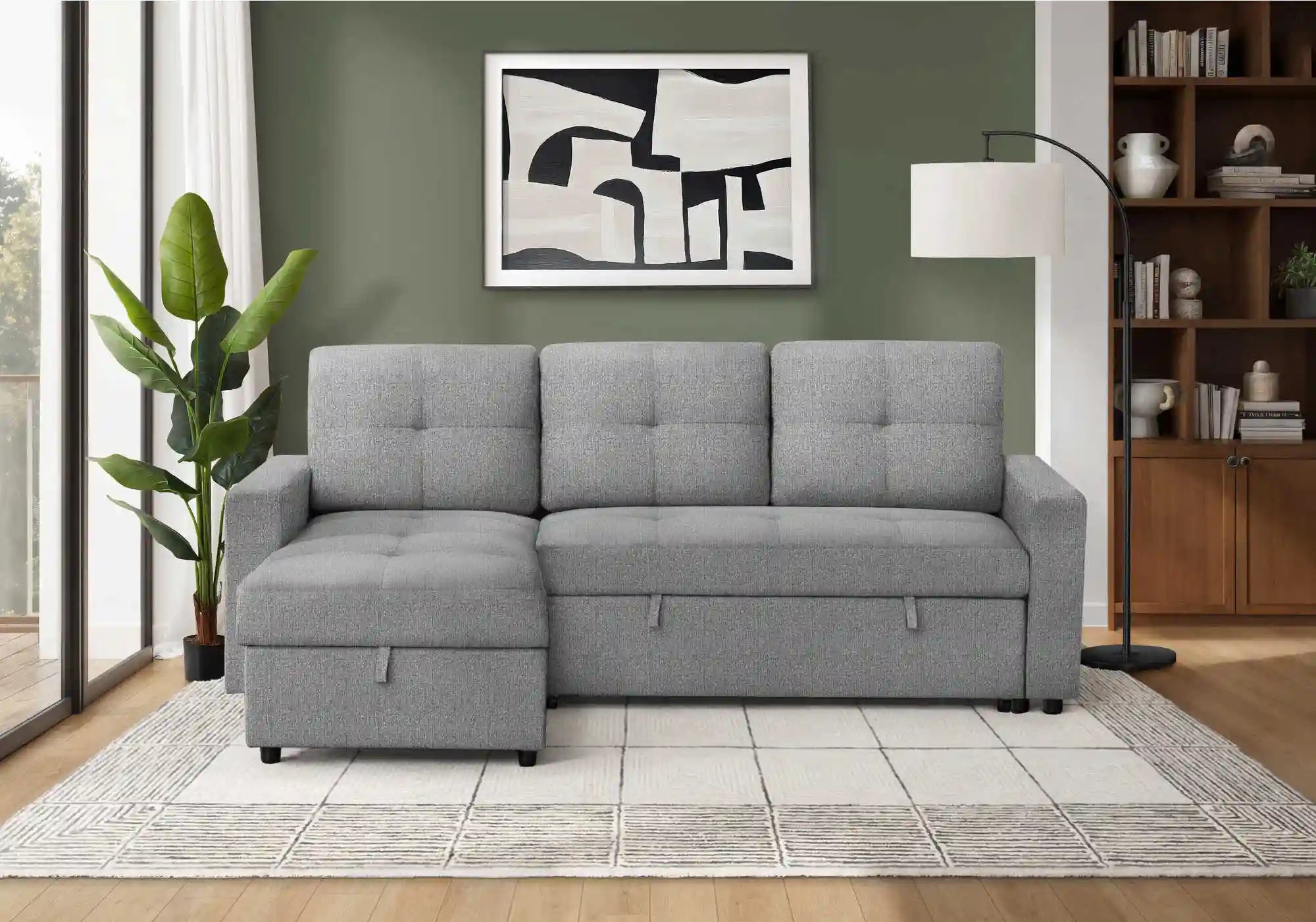 Divan Lit d'Angle 3 Places Gris Clair avec Chaise Longue Réversible