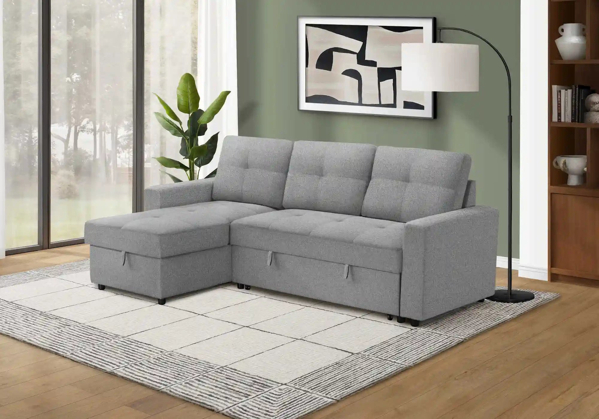 Divan Lit d'Angle 3 Places Gris Clair avec Chaise Longue Réversible