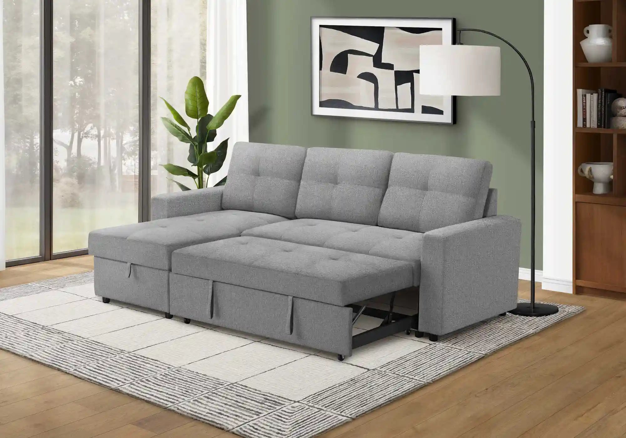 Divan Lit d'Angle 3 Places Gris Clair avec Chaise Longue Réversible