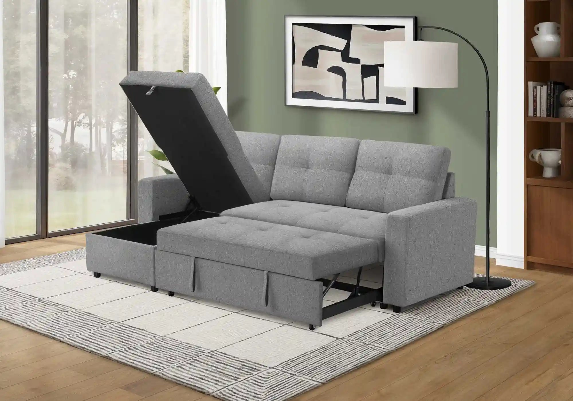 Divan Lit d'Angle 3 Places Gris Clair avec Chaise Longue Réversible