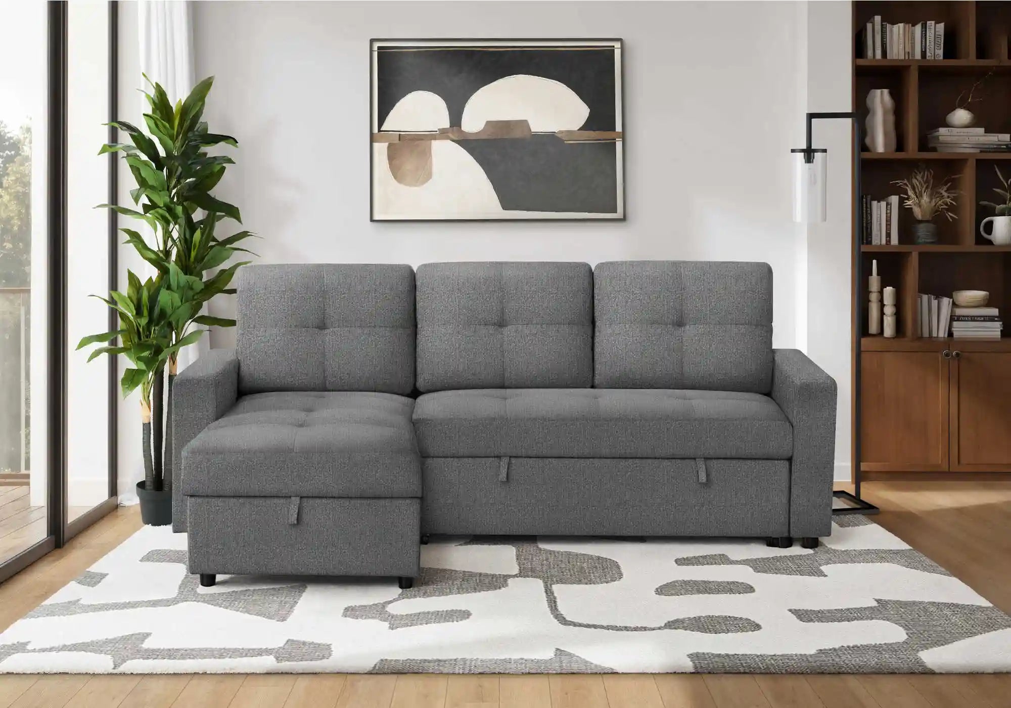 Canapé Lit Sectionnel 3 Places Gris Foncé avec Chaise Longue Réversible