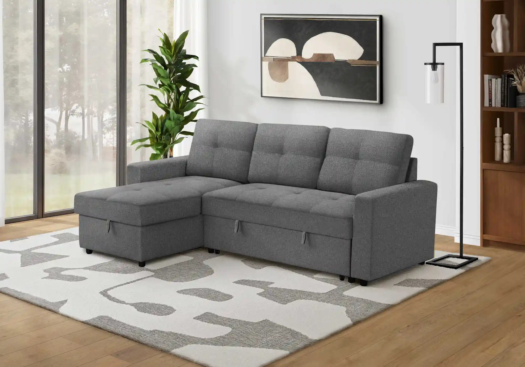 Canapé Lit Sectionnel 3 Places Gris Foncé avec Chaise Longue Réversible