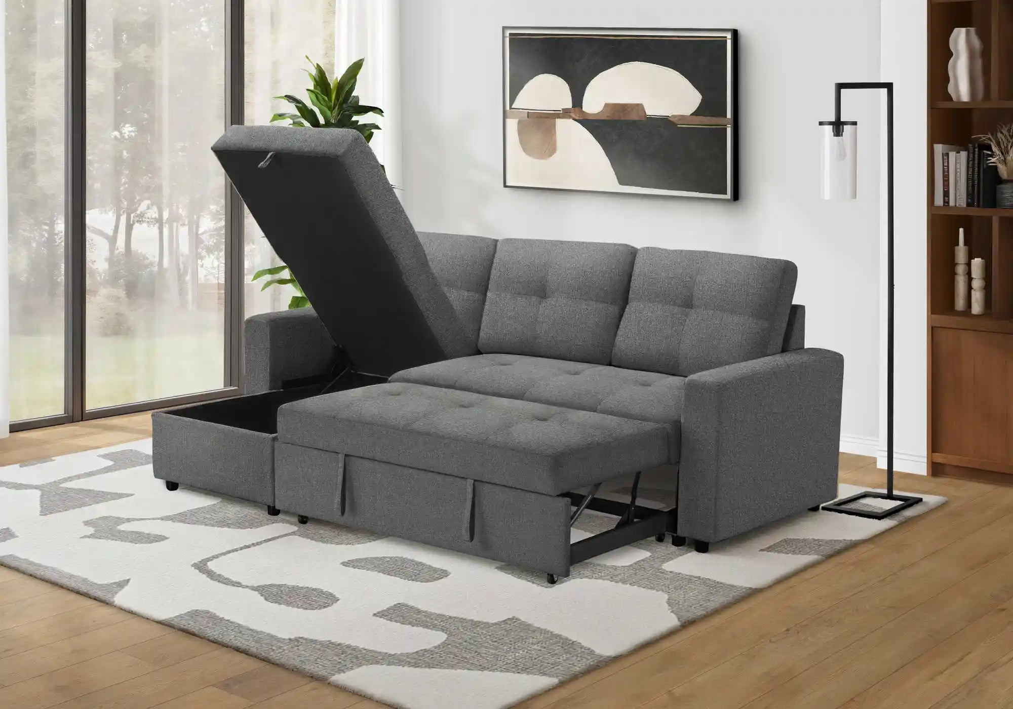 Canapé Lit Sectionnel 3 Places Gris Foncé avec Chaise Longue Réversible