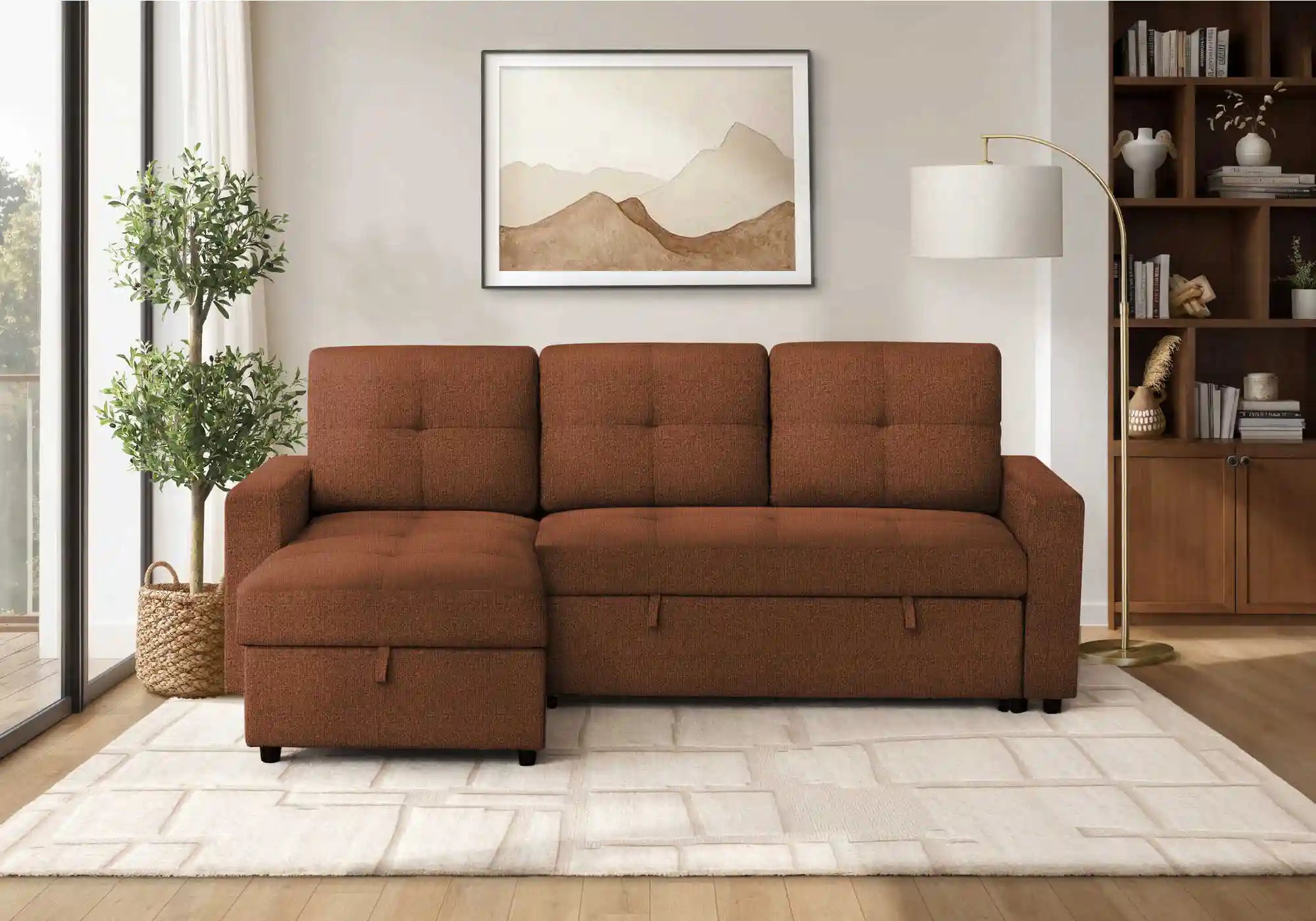 Divan Lit d'Angle Rouille 3 Places avec Chaise Longue et Rangement