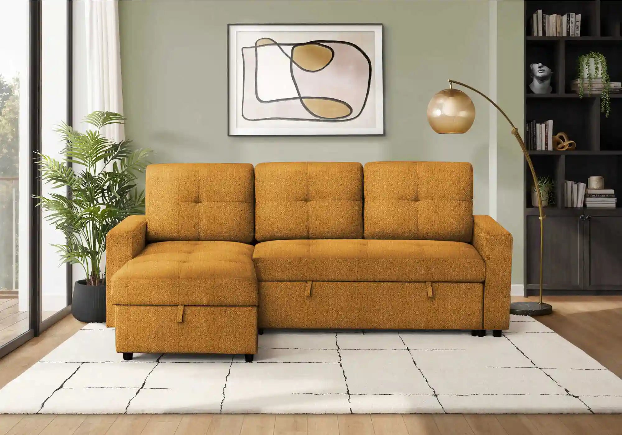 Divan Lit Sectionnel Orange 3 Places avec Méridienne et Rangement