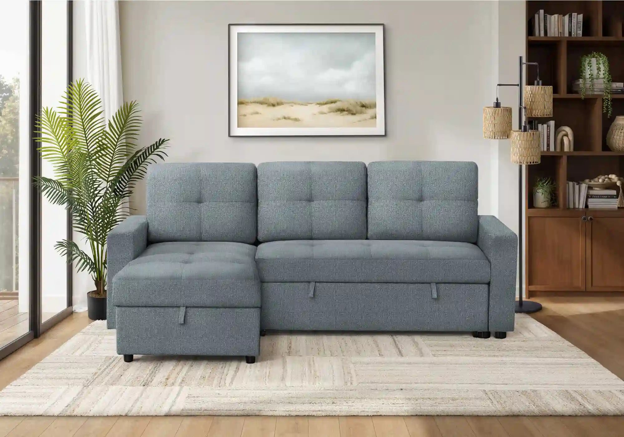 Divan Lit Sectionnel Bleu Clair 3 Places avec Méridienne et Rangement