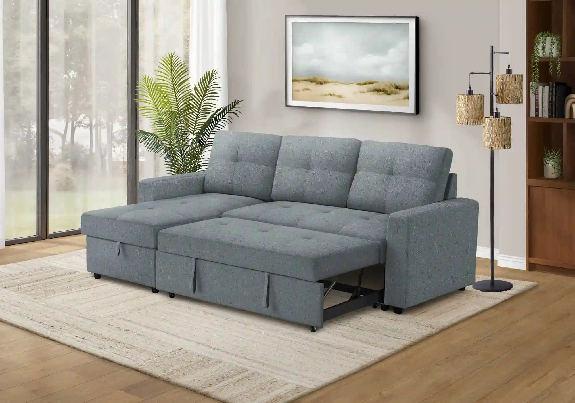 Divan Lit Sectionnel Bleu Clair 3 Places avec Méridienne et Rangement