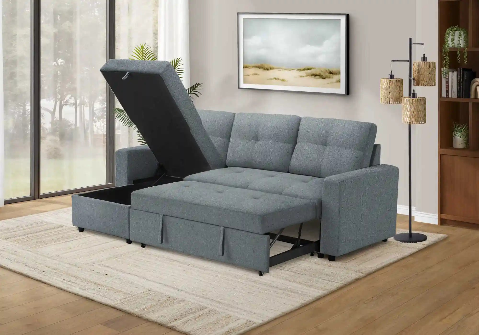 Divan Lit Sectionnel Bleu Clair 3 Places avec Méridienne et Rangement