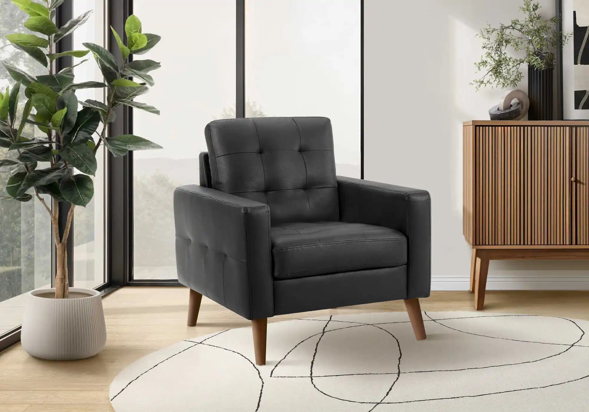Fauteuil d'Appoint Similicuir Noir avec Pieds en Bois Noyer