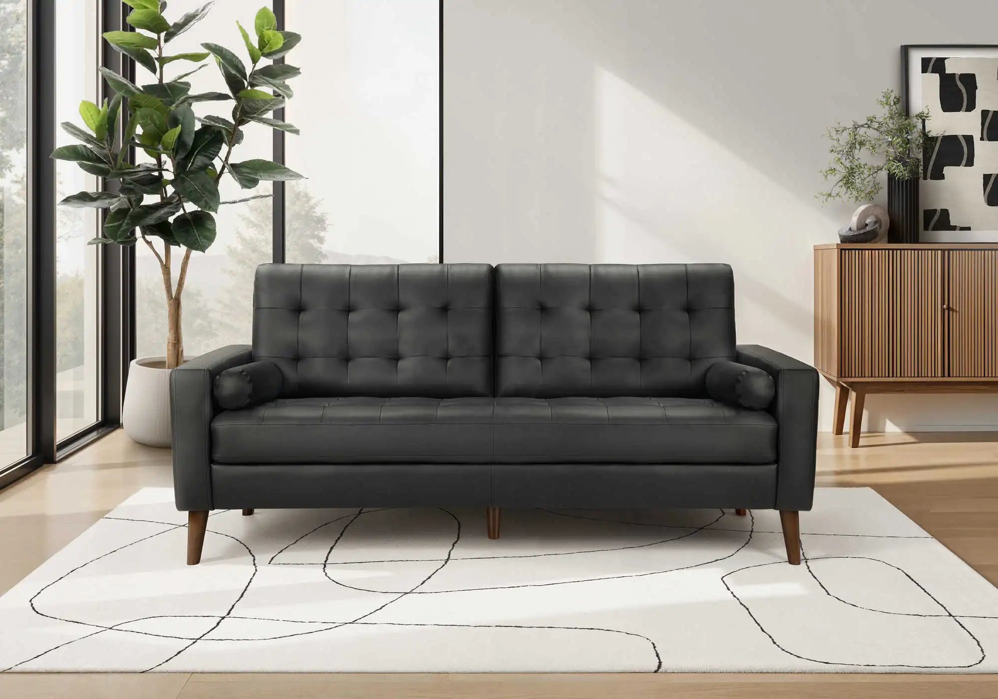 Divan 3 Places Cuir Synthétique Noir 75 Pouces avec 2 Coussins