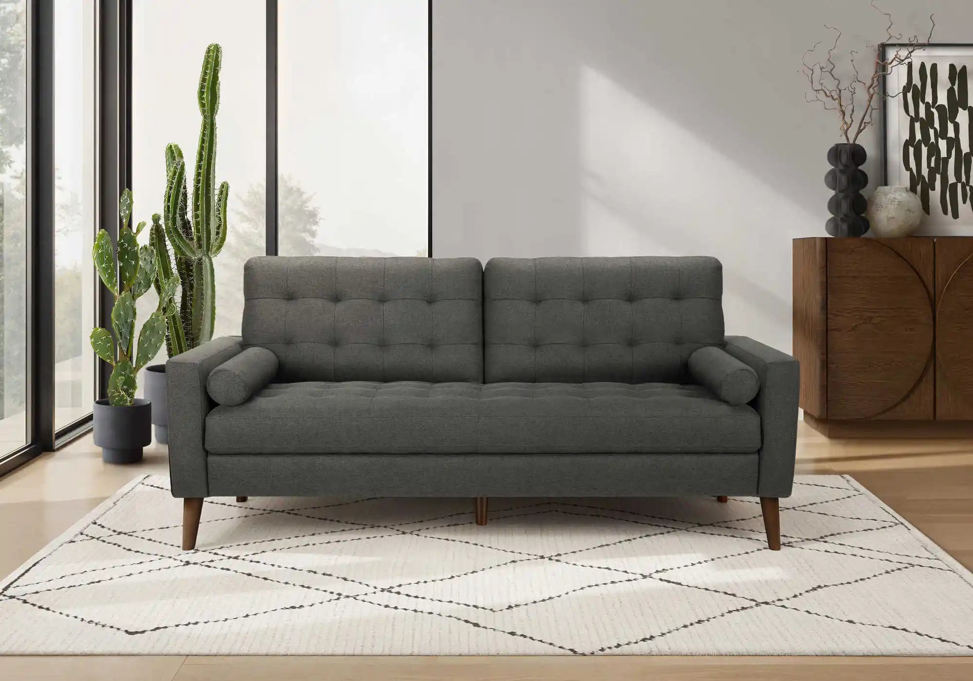 Canapé 3 Places Gris Foncé 75 Pouces avec 2 Coussins Cylindriques