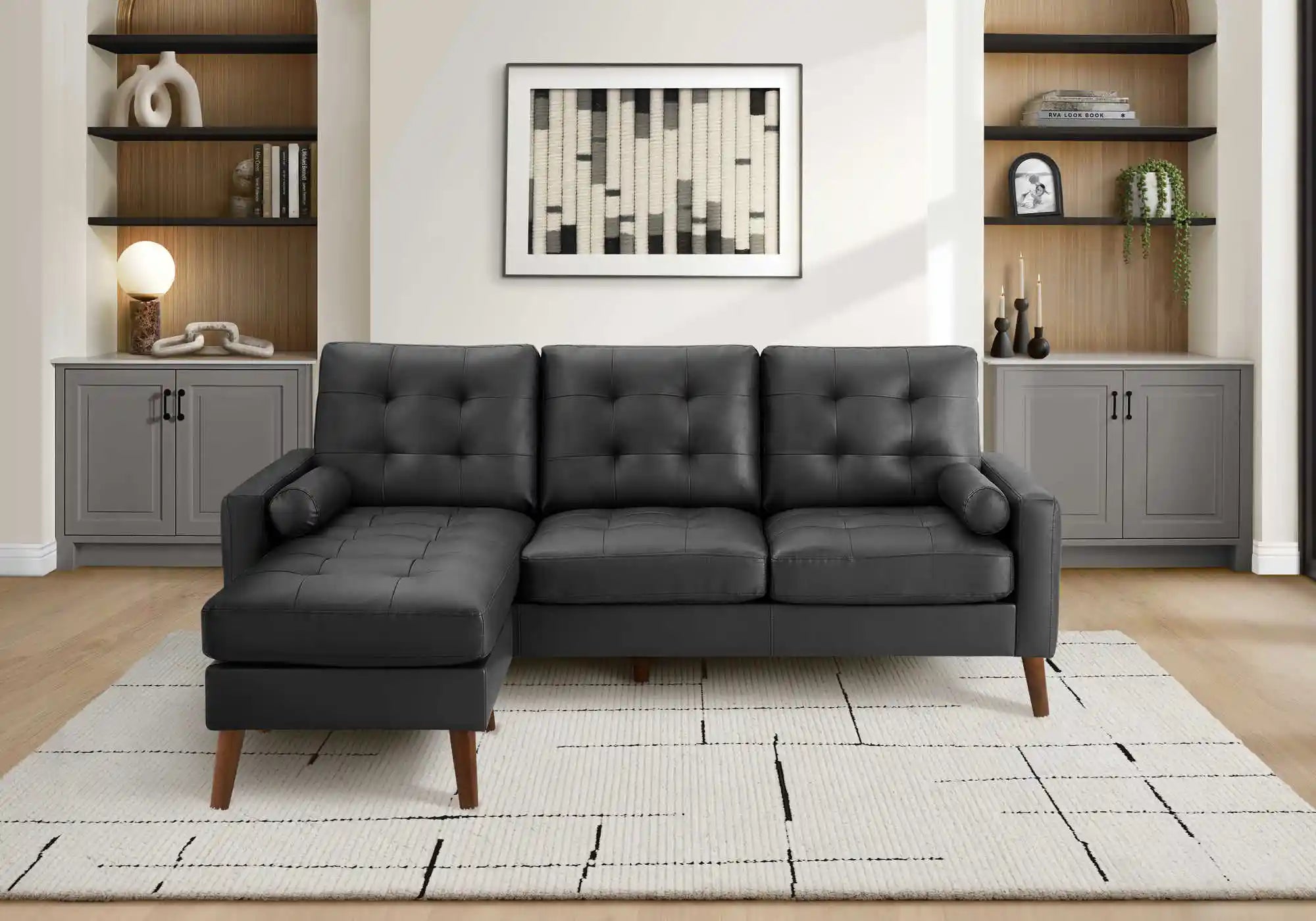 Monarch Canapé avec Chaise Longue 3 Places Réversible en Similicuir Noir 85"